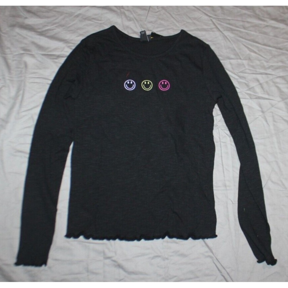 Girls' Long Sleeve Lettuce Trim Edge Ribbed T-Shirt black - Art Class - XL 14
